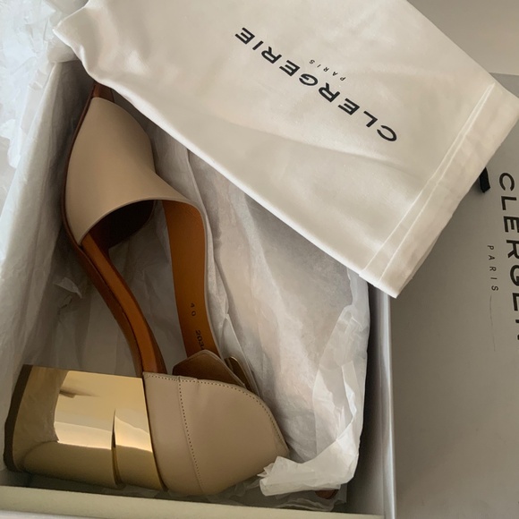 CLERGERIE Women's Beige Leather Abstract Gold Block-Heel Sandals Open toe Pumps - Picture 8 of 16